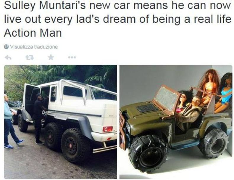Qualcun altro fa notare la somiglianza fra il mezzo del ghanese e la macchina di Action Man. Twitter